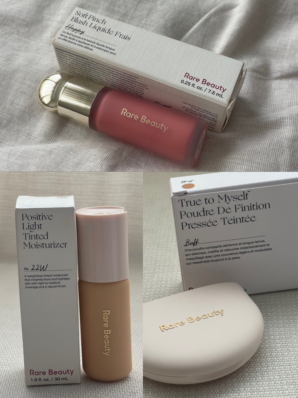 Rare Beauty Bundle TINTED MOISTURIZER (22w) BLUSH (Happy) PRESSED POWDER (Buff)